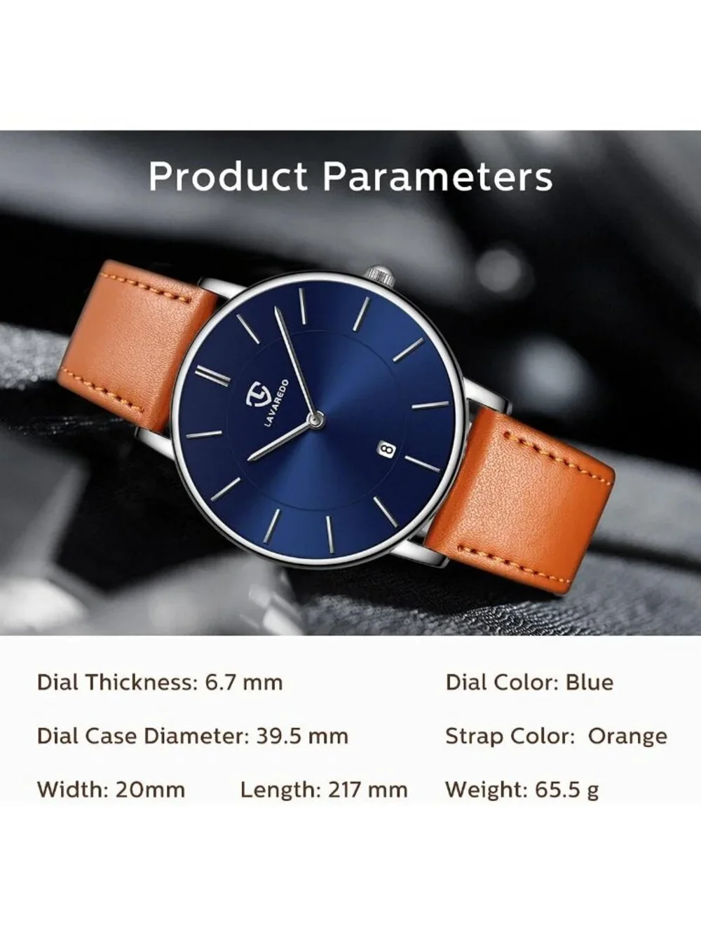 Mens Blue Dial Orange Leather Strap Analog Minimalist Fashion Simple Wrist Watch